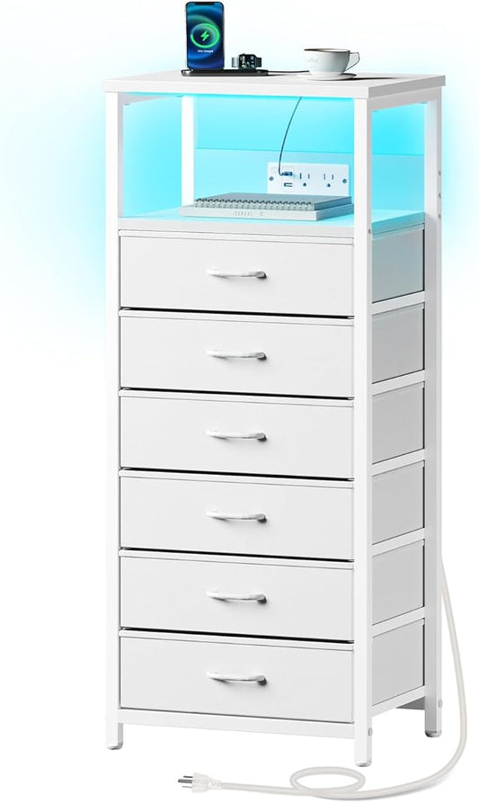 Seventable Night Stand with Charging Station, Tall Nightstand with 6 Fabric Storage Drawers, Side Table with LED Light for Bedroom, Entryway, White, Set of 2