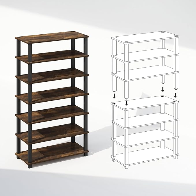 Furinno Turn-S-Tube 4-Tier Multipurpose Standing Shelves, Amber Pine/Black, Set of 2