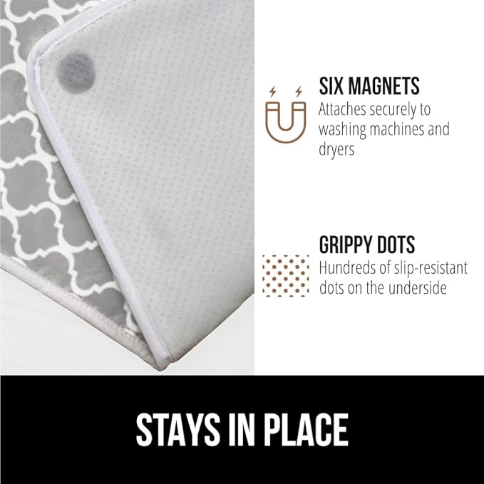 GORILLA GRIP Ironing Mat, Portable Iron Pad, Magnetic Cover and Padding for Top of Washer, Dryer, Tabletop, Countertop, Silicone Coating and Scorch Resistant, Travel Size 28x24, Quatrefoil Gray White