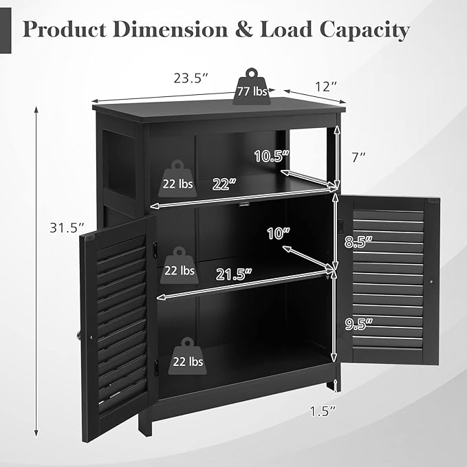 GLACER Bathroom Floor Cabinet, Wooden Storage Cabinet with Double Shutter Doors & 3-Position Adjustable Shelf, Side Storage Organizer, 23.5 x 12 x 31.5 inches (Black)