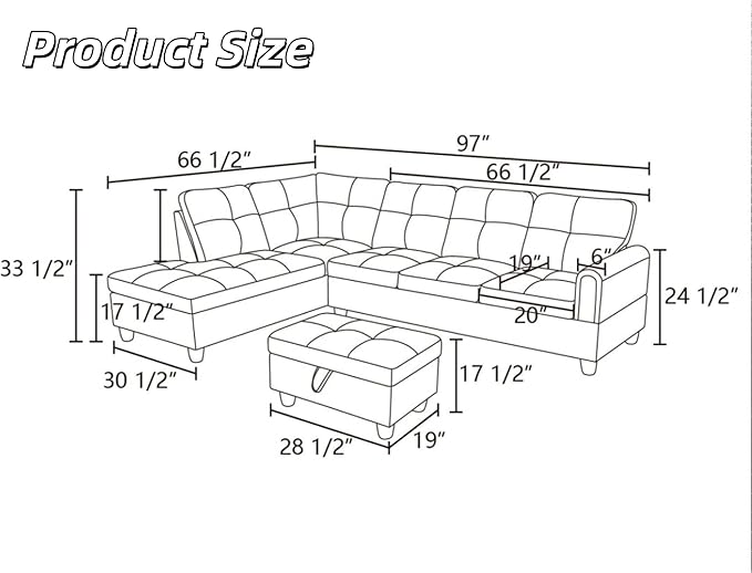 L-Shaped Sectional Sofa with Movable Chaise & Storage Ottoman, Lounge 3-Piece Modular Convertible Couches for Living Room, Apartment & Office, Black Grey