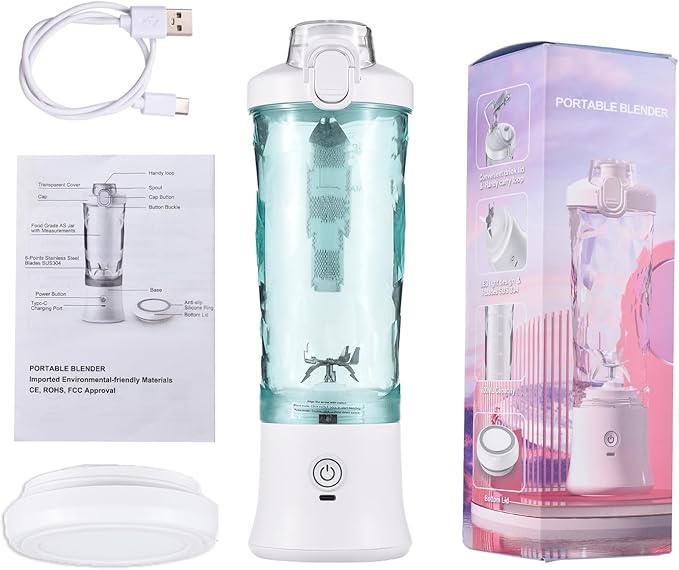 Portable Blender for Smoothies Shakes Juice, 20 Oz for Gym Home Office Travel, Personal Small Mini Glass Mixer, with 6 Blades 150W USB Rechargeable Electric Handheld Blender Cup Watter Bottle