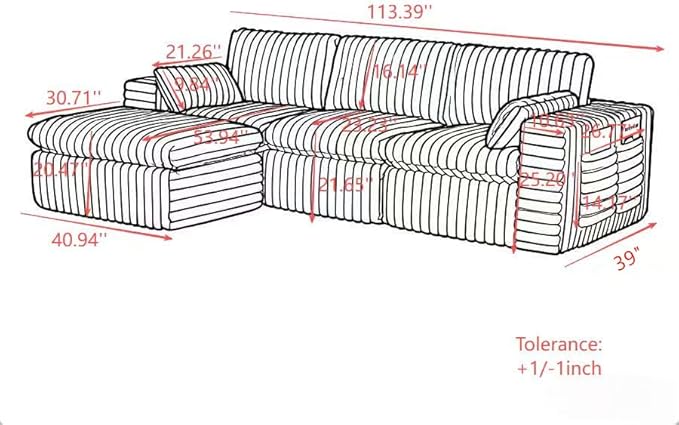 KEIKI 113'' Oversized Ribbed Chenille Modular Sectional with Ottoman, Deep-Seat Cloud Sofa with Cup Holder & Storage Pouch, Indoor Chaise Lounge Boneless Chair for Office, Studio & Creative Workspaces