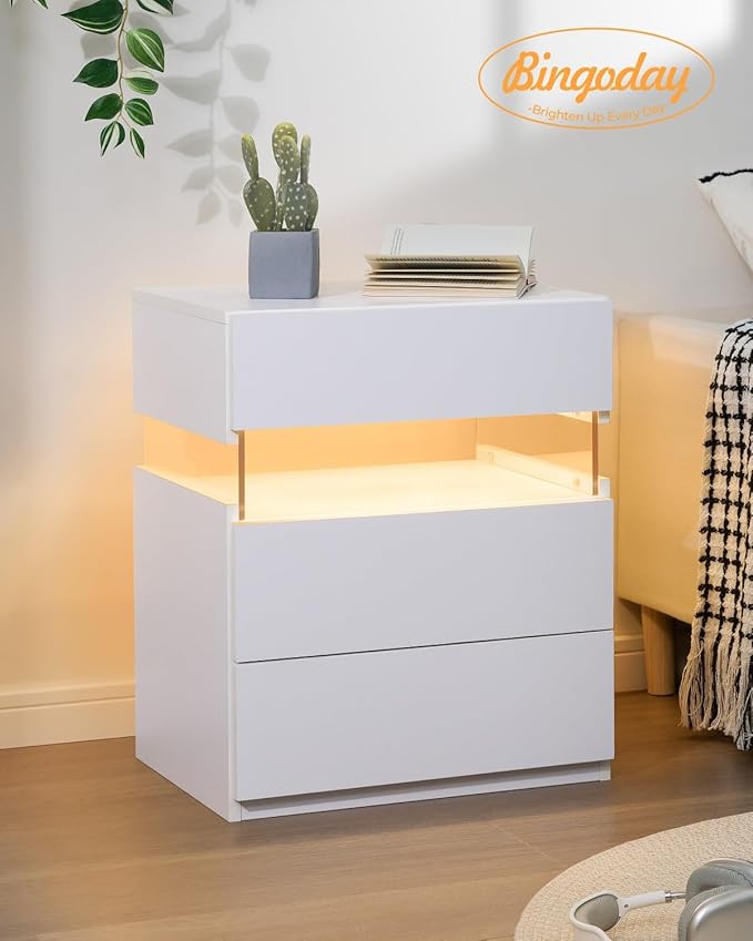 Bingoday White Nightstands Set of 2 LED Nightstand White with Gun Drawers Set of 2 Bedside Tables White LED Lights for Bedroom White