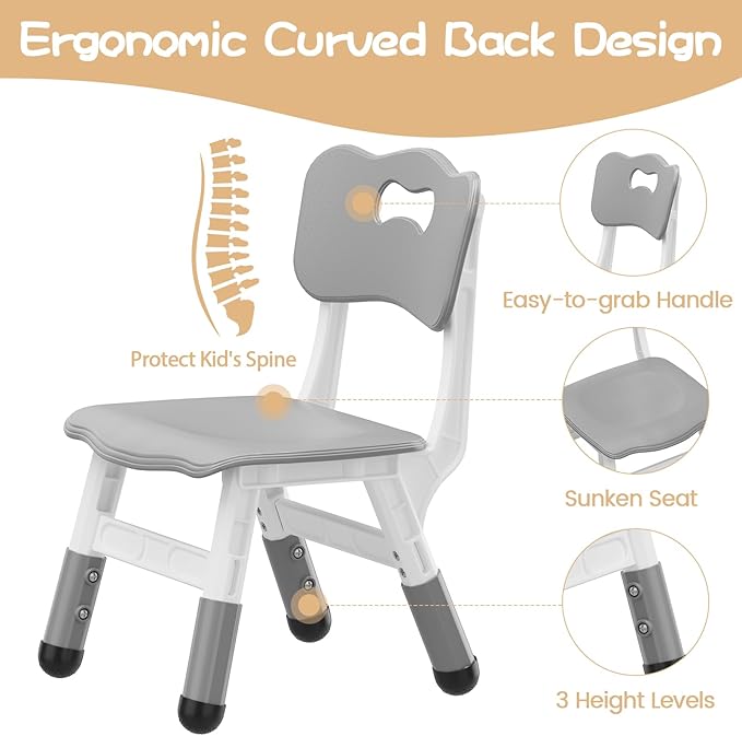 Kids Chair Set of 2, 3 Level Height Adjustable Kid Chair, Plastic Toddler Chairs for Children Boys Girls Age 2-6, Suitable for Home Family Classroom Nursery Indoor Use, Grey