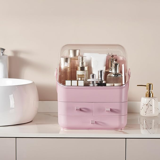 Large Makeup Organizer w Drawers Beauty Organizer Makeup Box Holder Vanity Organization Desk Countertop MakeUp Organizers Bathroom Counter Organizer Skincare Cosmetic Case Stand Dustproof Lid Gift