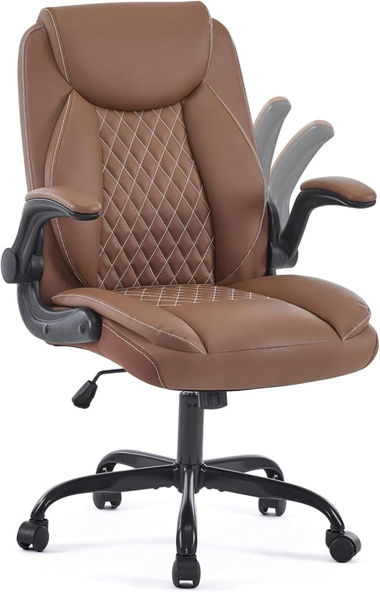 YFO Leather Office Ergonomic Home Office Desk Chair, Back Support Swivel Executive Office Chair with Wheels and Flip-Up Armrests, Small Gaming Chair with Adjustable Rocking Function, Brown