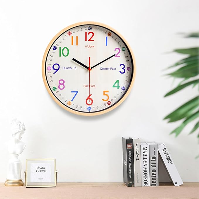 JoFomp Learning Clock for Kids | 10 inch Telling Time Teaching Wall Clock, Silent Non-Ticking Quartz Decorative Wall Clock for Teacher's Classrooms or Children's Bedrooms (Yellow)