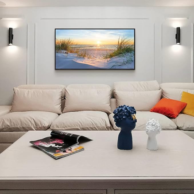 MHARTK66 Sea Beach Framed Canvas Wall Art For Living Room Wall Decor For Office Bedroom Wall Decorations Sun Seascape Large Painting Blue Ocean Canvas Pictures Artwork Black Wood Framed 20" X 40"