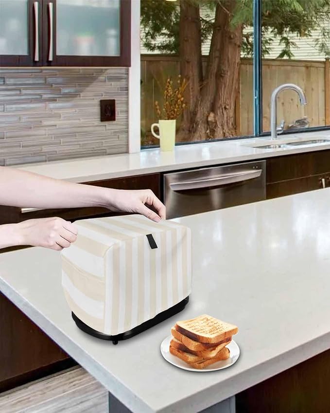 Toaster Cover 2 Slice Cream Stripes Toaster Oven Cover with Pockets White Vertical Striped Dustproof Bakeware Protector Small Kitchen Appliance Dust Covers and Fingerprint Protection for Women