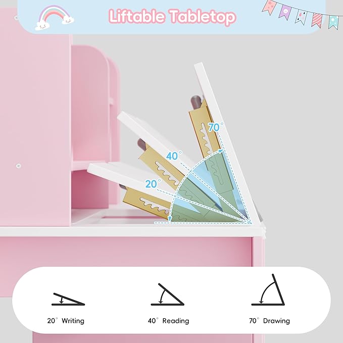 Kids Study Desk with Chair and Tiltable Desktop, Kids Stud Des and Chair Set with Hutch&Storage Cabinet, Wooden Children Study Table for 5-12 Years Old, Student Writing Desk for Bedroom (Pink)