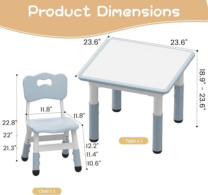 GAOMON Kids Table and 2 Chairs Set with Graffiti Desktop, Height Adjustable Toddler Table and Chairs Set for Reading, Drawing, Playing, Eating