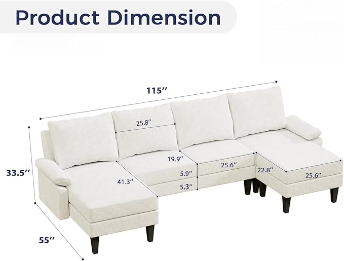 FONTOI 115 Inch U Shaped Sectional Couch with Chaise, 5-Seat Sofa with Moveable Ottoman, Modern Modular Sofa for Living Room, Apartment, Off-White