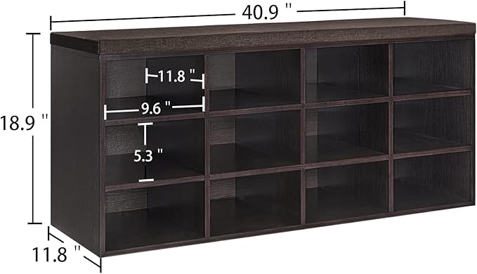 DINZI LVJ Shoe Storage Bench with Cushion, Cubby Shoe Rack with 12 Cubbies, Adjustable Shelves, Multifunctional Shoe Organizer Bench for Entryway, Mudroom, Hallway, Closet and Garage, Espresso