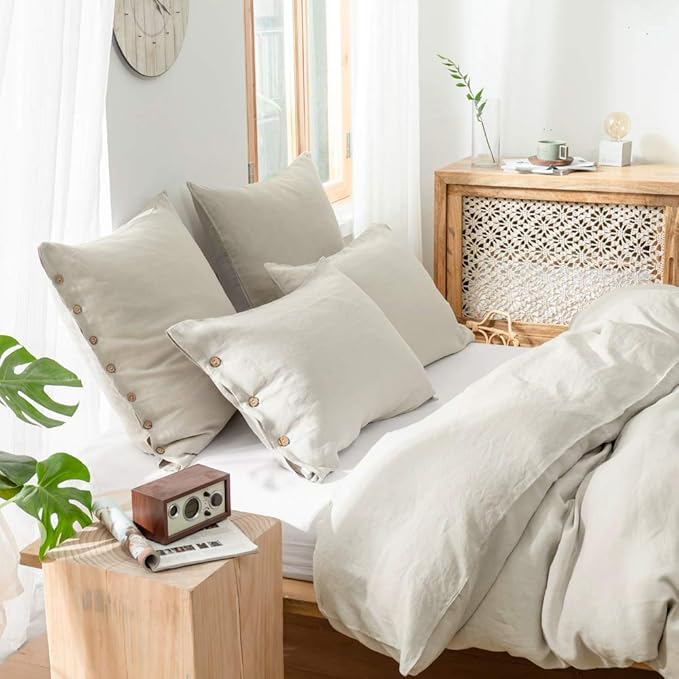 Simple&Opulence 100% Washed Linen Euro Sham Cover, 26 x 26 Inch, Decorative Bed Pillow Cover with Coconut Button, Solid Color Pillow Shams Set of 2 (Natural Linen)