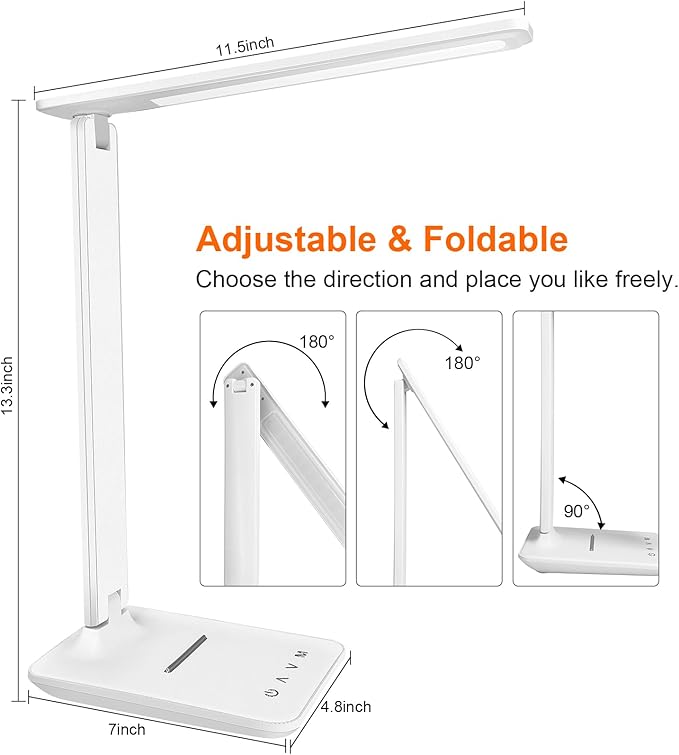 karidi LED Desk Lamp Dimmable Table Lamp with USB Charging Port, 5 Lighting Modes, Sensitive Control, Foldable Portable Desk Light for Home Office Bedroom Reading (White)