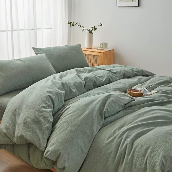 FACE TWO FACE Bedding Duvet Cover Set 3 Pieces 100% Washed Cotton Duvet Cover Linen Like Textured Breathable Durable Soft Comfy (California King, Reversible Green)