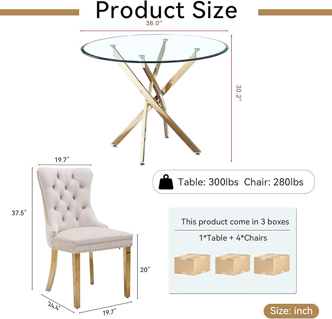Goujxcy 5 Piece Round Glass Dining Table Set for 4, 36" Round Dining Table & Chair Set Modern Circle Glass Kitchen Table and 4 Velvet Upholstered Chairs for Kitchen Dining (Gold Table & Beige Chair)