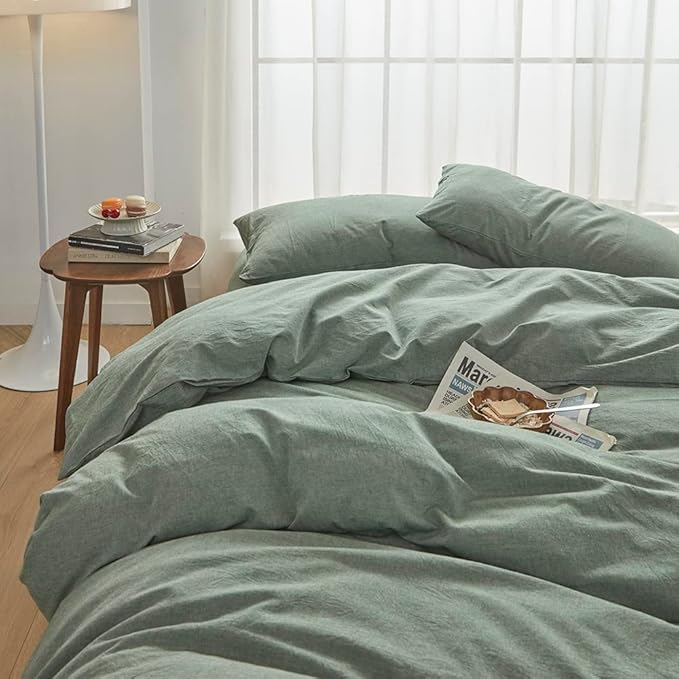 FACE TWO FACE Bedding Duvet Cover Set 3 Pieces 100% Washed Cotton Duvet Cover Linen Like Textured Breathable Durable Soft Comfy (California King, Reversible Green)