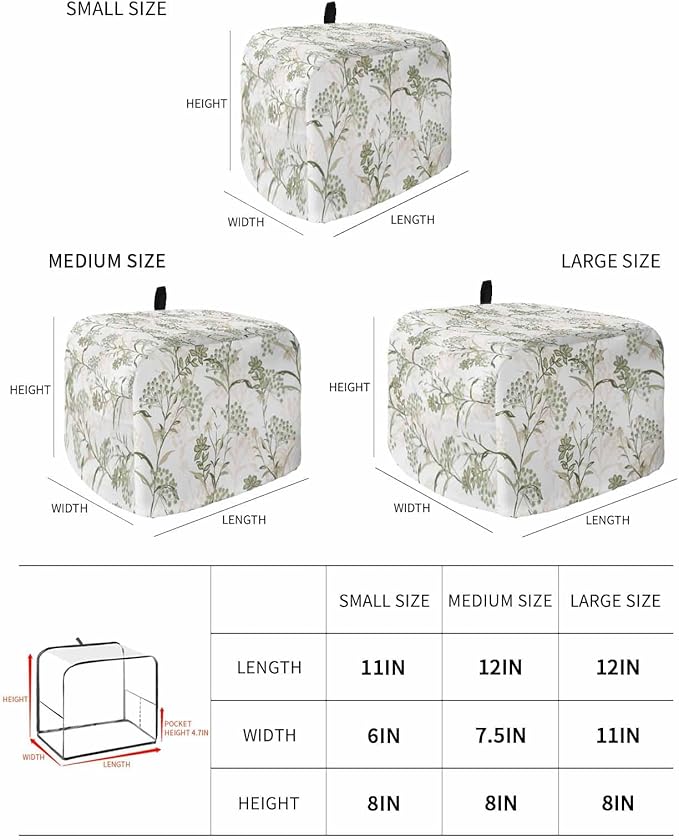 Toaster Cover 2 Slice Sage Green Leaves Toaster Oven Cover with Pockets Fruit Floral Plant Dustproof Bakeware Protector Small Kitchen Appliance Dust Covers and Fingerprint Protection for Women