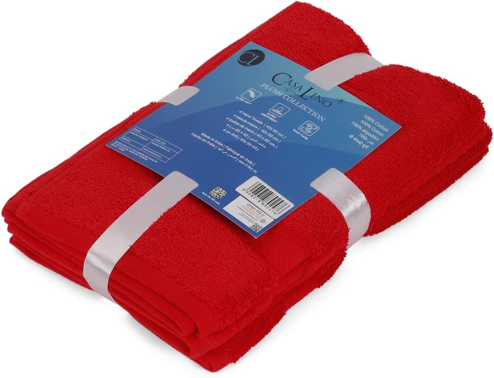 CASALINO Plush Collection Towel Set, Premium Quality 100% Pure Cotton, Highly Absorbent, Super Soft, Soft and Plush, (4 PCS Hand Towel Set, Red)
