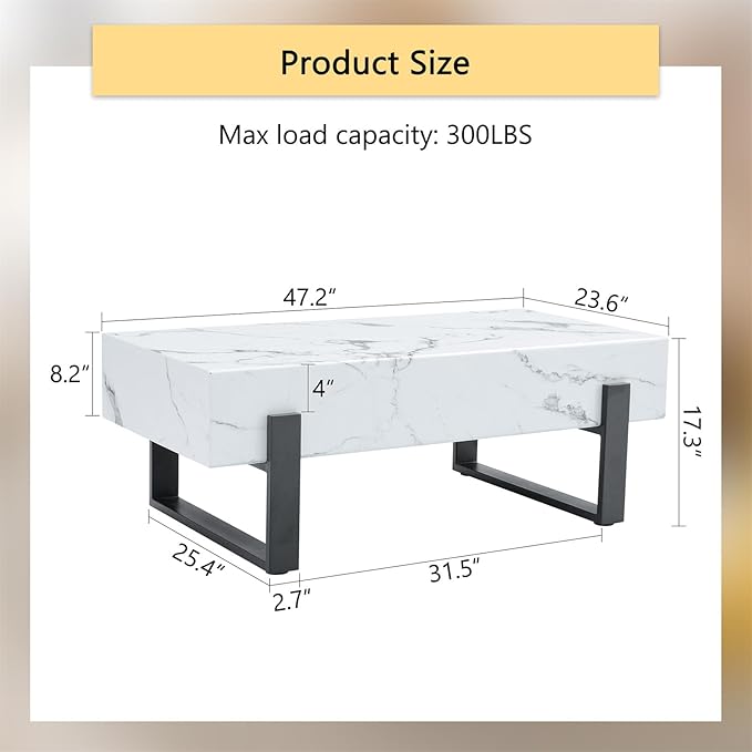 47'' Rectangle Coffee Table for Living Room, Marble Pattern Desktop, Stable Metal Tea Table Legs for Dining Room Apartment Small Space (White)