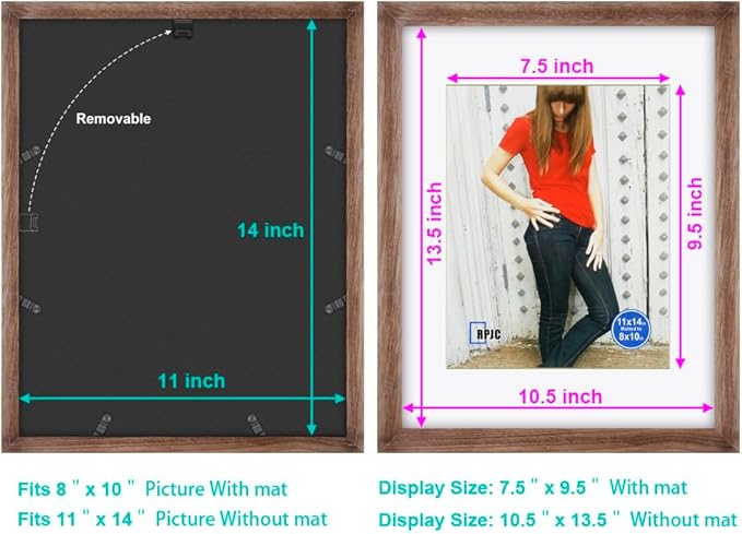 RPJC 11x14 inch Picture Frame Made of Solid Wood and High Definition Glass Display Pictures 8x10 with Mat or 11x14 Without Mat for Wall Mounting Photo Frame Carbonized