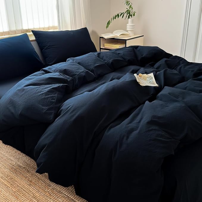 FACE TWO FACE Bedding Duvet Cover Set100% Washed Cotton Duvet Cover Linen Like Textured Breathable Durable Soft Comfy (King, Tibetan Blue)