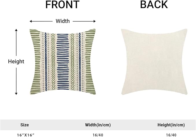 Boho Pillow Covers 16x16 Inch Set of Blue Sage Green Stripes Throw Pillow Covers Outdoor Decoration, Abstract Modern Bohemian Farmhouse Linen Decorative Cushion Cover for Home Sofa Couch