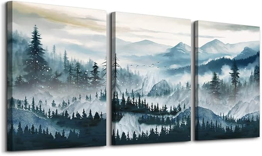 MHARTK66 Large Canvas Wall Art For Living Room Framed Wall Decor For Bedroom Office Decoration Fog Mountain Forest Posters Landscape Wall Painting Print Pictures Artworks Ready to Hang Home Decor