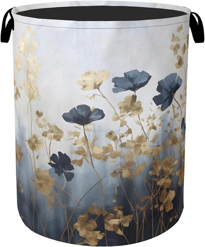 Blue Luxury Flowers Laundry Basket with Handles - Extra Large Foldable Hamper for Bathroom/Laundry/Bedroom/Dorm, Washable Fabric Storage Bin