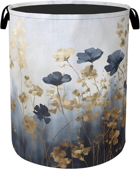 Blue Luxury Flowers Laundry Basket with Handles - Extra Large Foldable Hamper for Bathroom/Laundry/Bedroom/Dorm, Washable Fabric Storage Bin