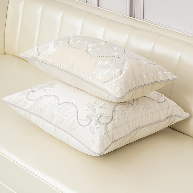 Aeckself European Luxury Velvet Lumbar Throw Pillow Cover 12 x 20 Inch, Embroidery Floral Pillow Cover Home Decor Oblong Pillowcase for Couch Bedroom Living Room, Off White