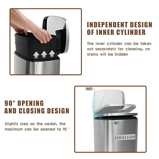 BestOffice 13 Gallon (50L) Trash Can with Lid Garbage Can Commercial Trash Can with Soft-Close Foot Pedal Fingerprint Proof Stainless Steel for Kitchen Home Office Bedroom Bathroom