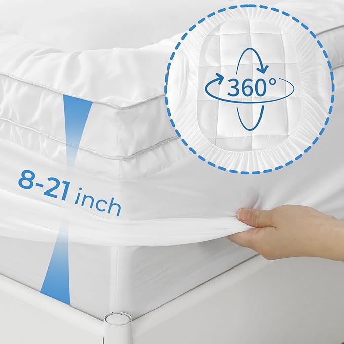 YUGYVOB California King Mattress Topper - 800GSM Extra Thick Cooling & Breathable Mattress Pad with Deep Pocket 8"-21" & Soft Down Alternative Filling, White