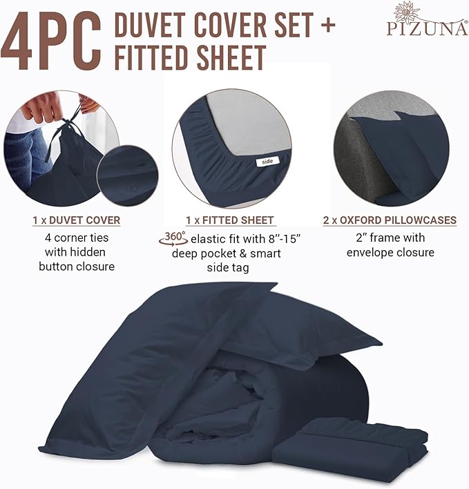 Pizuna 100% Cotton Full 3 Pc Duvet Cover + 1 Pc Fitted Sheet Set 400 Thread Count Dark Blue Sateen Weave Luxurious Long Staple Cotton 4 Piece Bedding Set -1 Duvet Cover, 2 Pillow Shams, 1 Fitted Sheet