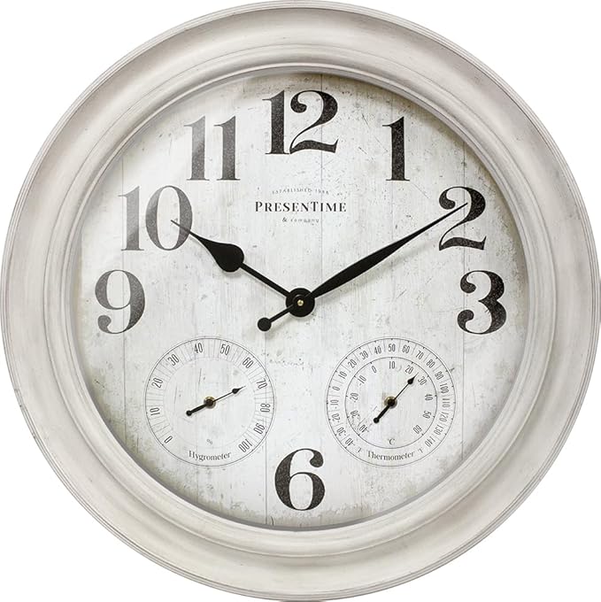 Presentime & Co. 26" Clifton in/Outdoor Farmhouse Clock with Thermometer & Hygrometer as All in One Weather Station, Farmhouse Wall Art and Timepiece for Home Decoration, Weathered White Finish