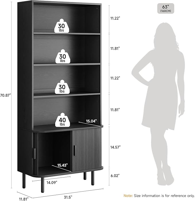 71" Tall Bookshelf, 4-Tier Bookcase with Storage Cabinet & Adjustable Shelves, Floor Standing Wooden Bookshelf with Sliding Door and Adjustable Footpad, for Home Office, Living Room, Black