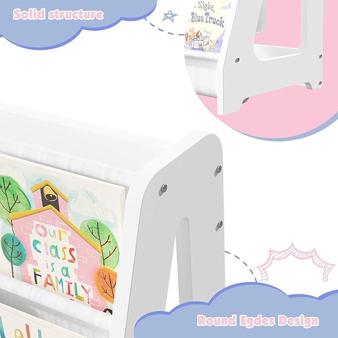 NACHES 4-Tier Fabric Kids Bookshelf, Large Capacity Montessori Sling Bookcase with 4 Deep Pockets, Magazine and Book Storage Rack for Nursery, Kids Room, Bedroom, Playroom (White)