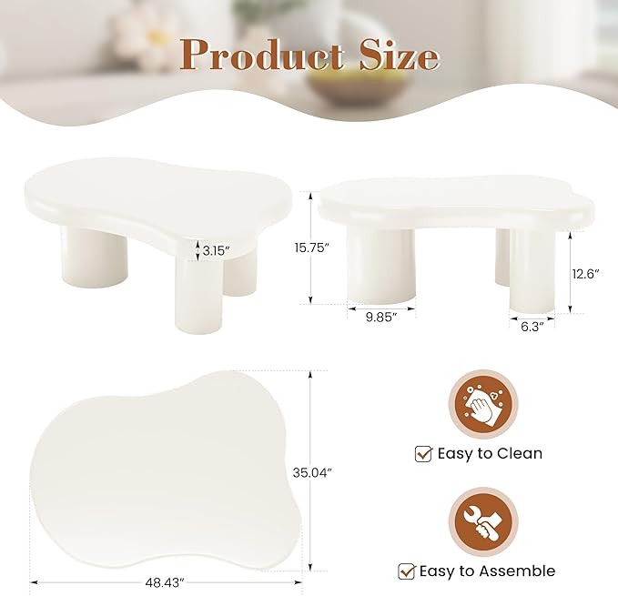 Coffee Table- Cloud Coffee Table, 48” Round Edge Tables with Unique Irregular Curves, Modern Tea Tables for Living Room Apartment, Easy Assemble& Clean