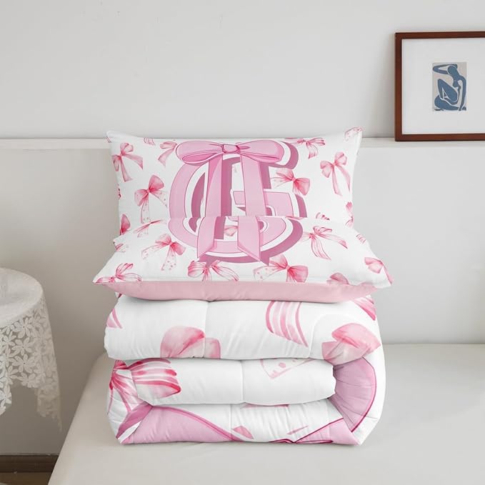 jejeloiu Kids Girls Cute Pink Bow Comforter Set Twin Size Monogrammed Bedding Set Ultra Soft Personalized Initial G Duvet Quilt Coquette Bow Knot Quilt Set Room Decor Modern Fashion Comforter