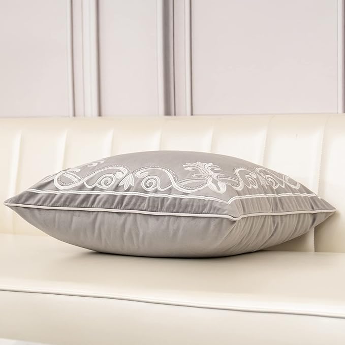 Aeckself European Floral Pillow Cover 20x20 Inch, Luxury Velvet Embroidered Decorative Throw Pillow Cover for Couch Bedroom Living Room, Grey and White
