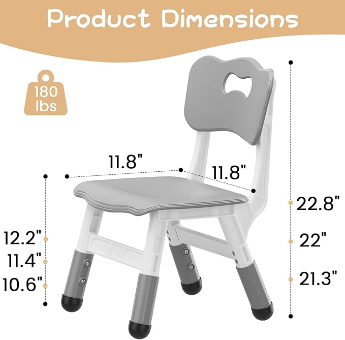 Kids Chair Set of 2, 3 Level Height Adjustable Kid Chair, Plastic Toddler Chairs for Children Boys Girls Age 2-6, Suitable for Home Family Classroom Nursery Indoor Use, Grey
