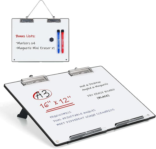 Large A3 Writing Easel Desk Adjustable Dry Erase, Keyboard Stand for Desk, Learning Portable Clipboard Magnetic, White Board Dry Erase Wall Hangable, Slant 13°/18° for teachers & Students, Black Frame