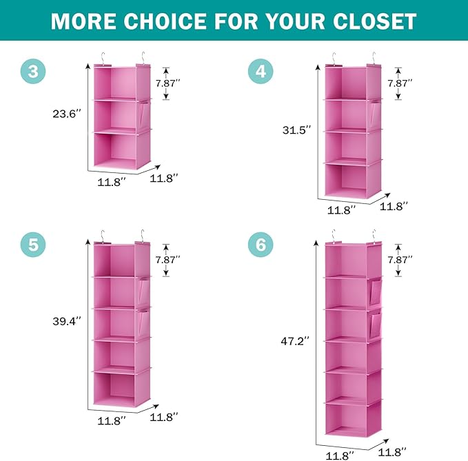 Hanging Closet Organizer, 3-Shelf Closet Hanging Storage Shelves, Light Pink