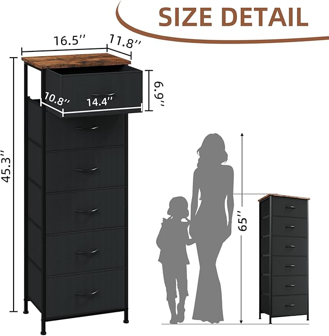 Somdot Tall Dresser for Bedroom with 6 Drawers and Side Pockets, Storage Organizer Chest of Drawers with Fabric Bins for Closet Bedside Nursery Living Room Entryway Hallway, Black Rustic Brown