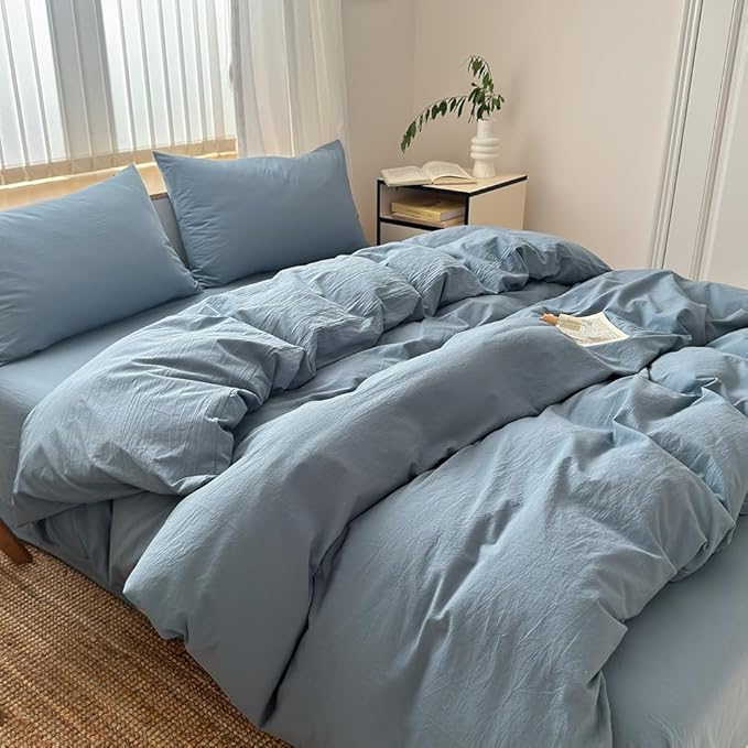 FACE TWO FACE Bedding Duvet Cover Set100% Washed Cotton Duvet Cover Linen Like Textured Breathable Durable Soft Comfy (Twin, Deep Gray Blue)