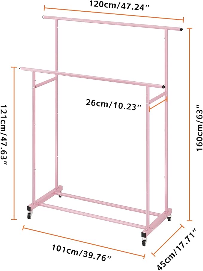 Calmootey Double Rod Clothing Garment Rack,Rolling Hanging Clothes Rack,Portable Clothes Organizer for Bedroom,Living Room,Clothing Store,Pink
