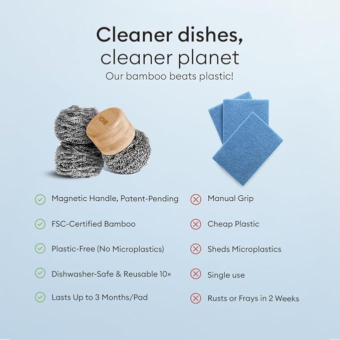 Vove Premium Magnetic Scrubber with Bamboo Handle - Steel Wool Scourer for Pots, Pans & Bottles - Heavy Duty Kitchen Cleaner with 3 Recyclable Steel Pads - Stainless Steel Scrubber Set