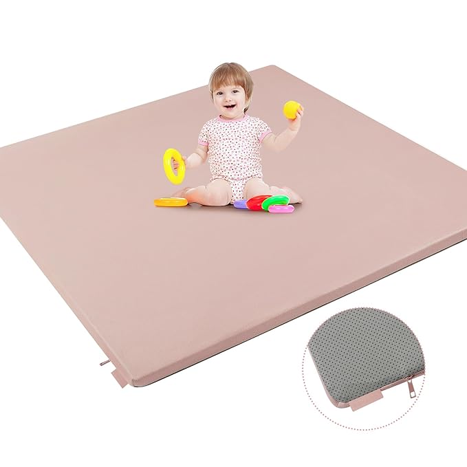 Padded Baby Play Mat, Super Soft Vegan Leather Floor Mat for Baby Girls and Boys, 48x48 Non-Slip Thick Foam Cushioned Play Mat for Babies 6-12 Months, Fits Nicely Into 50x50 Playpen Mat, Pink